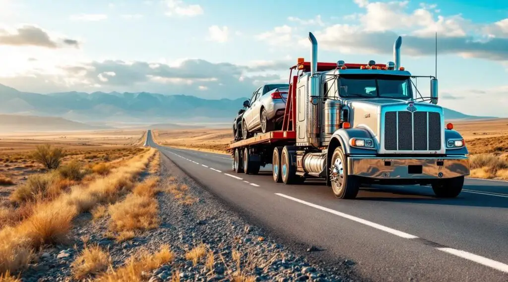 A professional Snappy Towing flatbed truck hauling a luxury SUV on a long highway stretch outside of Thornton at dawn.