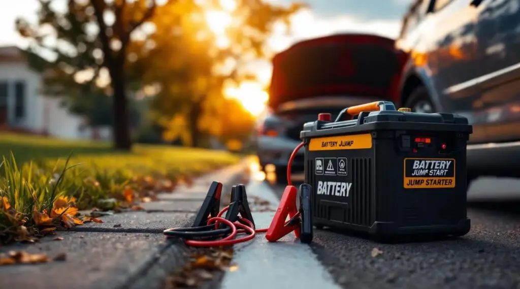 A Snappy Towing technician using a professional booster pack to jump start a car in Thornton.