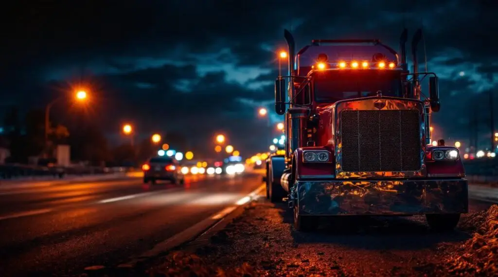 A Snappy Towing flatbed truck with amber safety lights assisting a disabled vehicle on the Lynnway at night in Thornton.