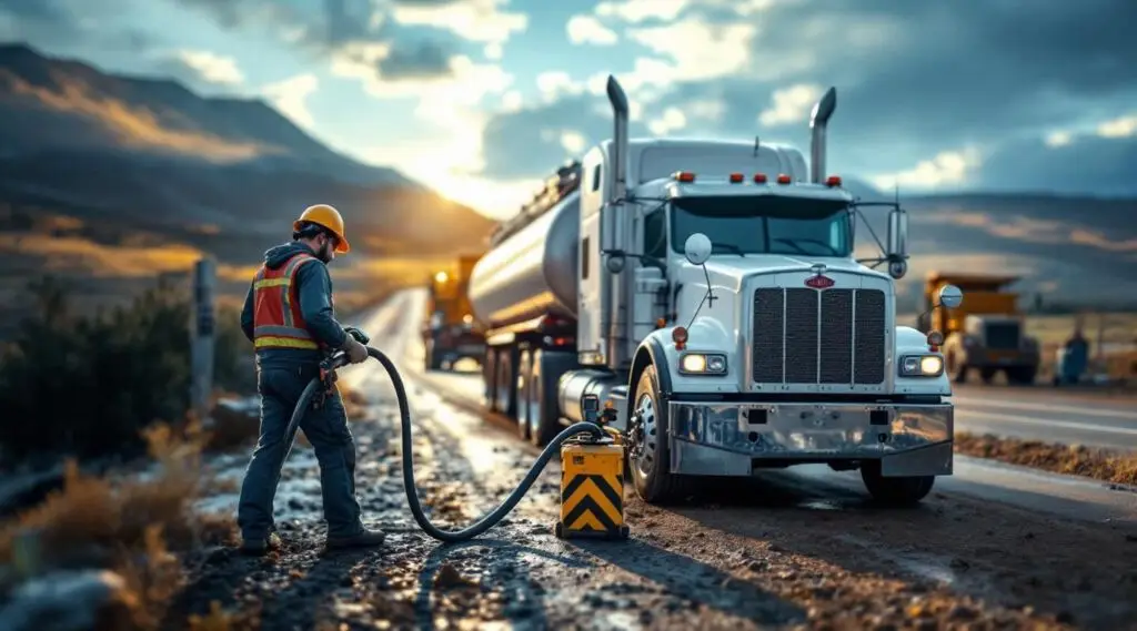 A Snappy Towing service vehicle parked safely behind a stranded car on a Thornton highway at dusk with amber lights flashing.