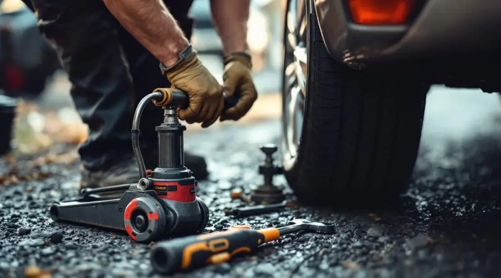 A professional Snappy Towing technician using a floor jack to change a flat tire on a busy Thornton roadside at dusk.
