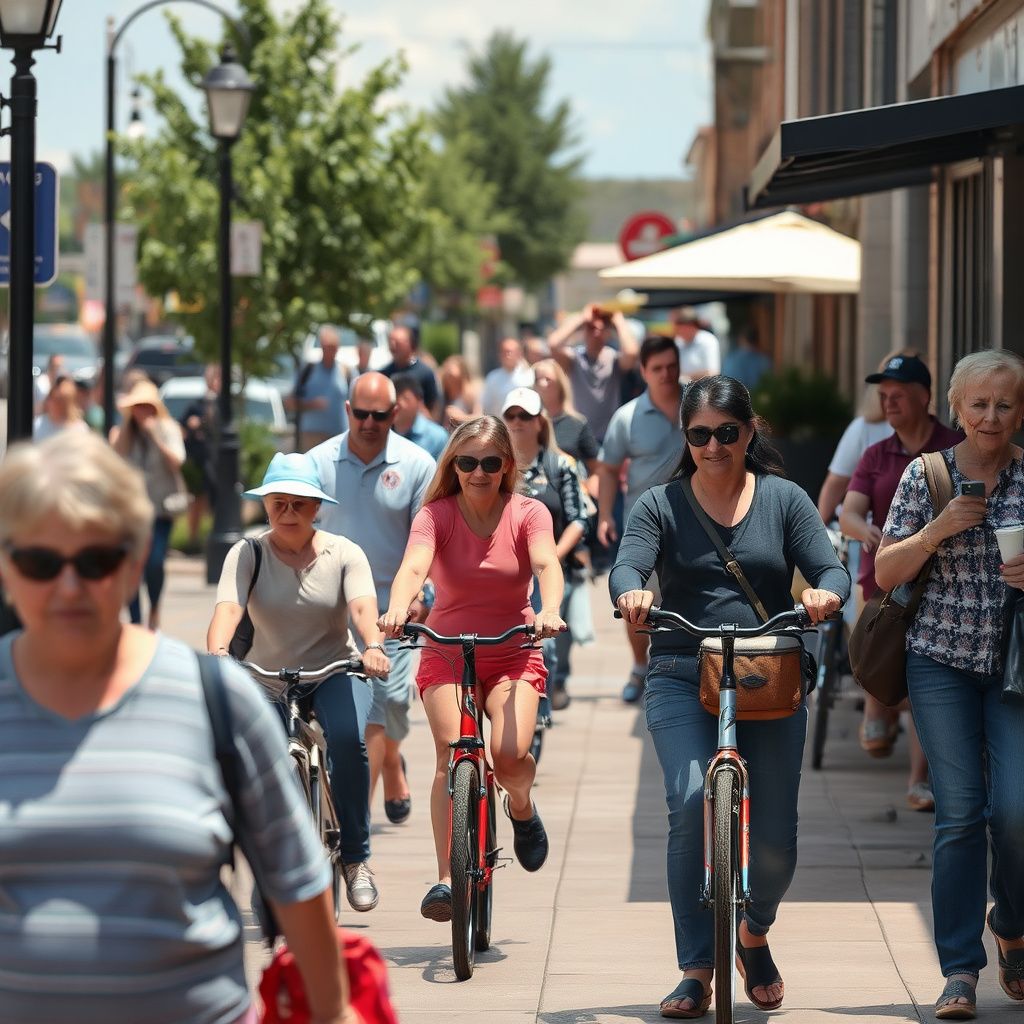 Historic brick buildings lining a lively street in Olde Town Arvada, with people strolling and outdoor dining areas, under a clear Colorado sky.