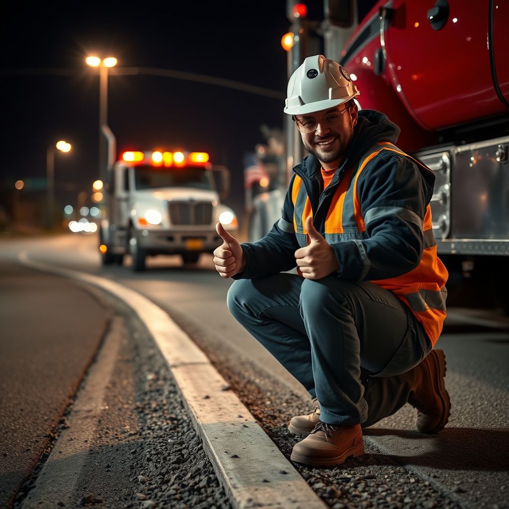 A Snappy Towing technician safely securing a vehicle onto a flatbed tow truck in a well-lit Centennial parking lot at night, with city lights in the background.