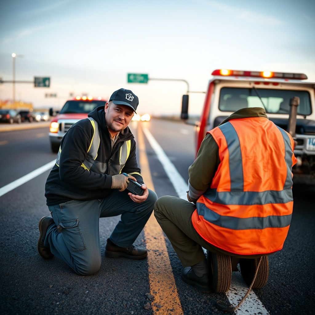 A Snappy Towing operator giving a thumbs up next to a tow truck on a sunny street in Brighton, Colorado, indicating successful service.