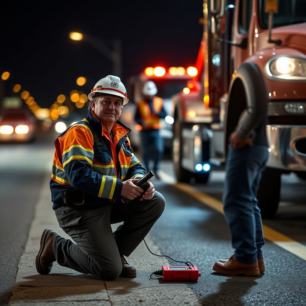 A Snappy Towing technician providing a battery jump start to a car on a snowy street in an Aurora, Colorado neighborhood.