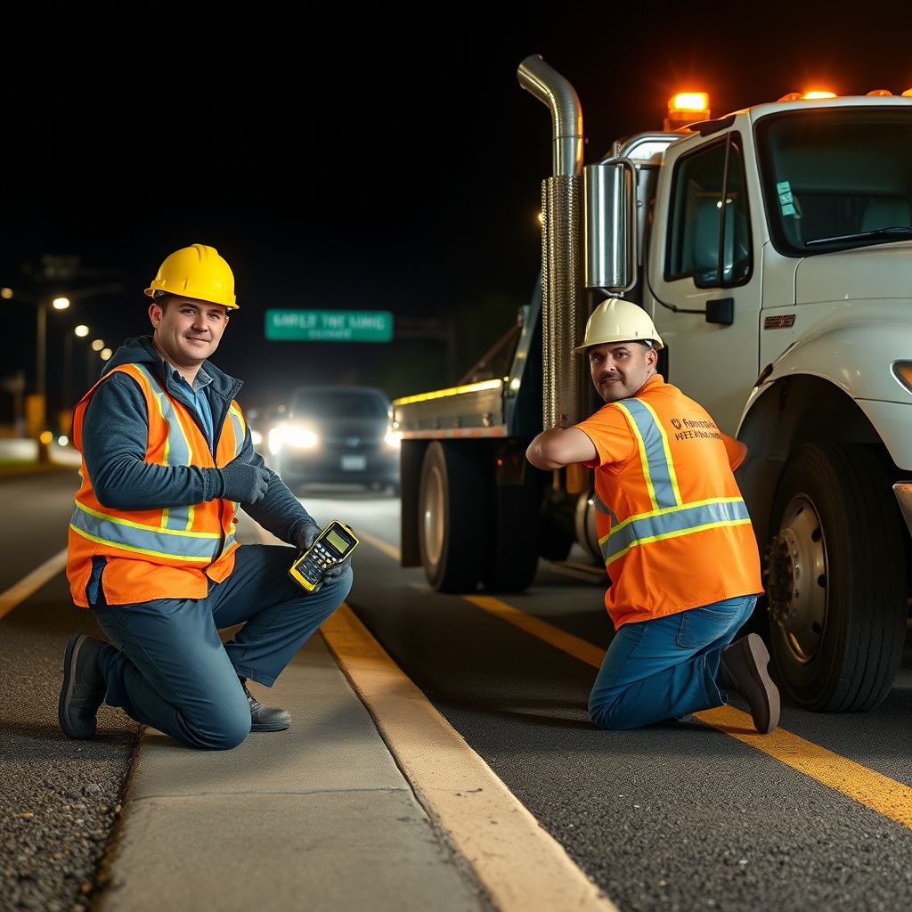 A Snappy Towing professional smiling while securing a vehicle onto a flatbed tow truck in a well-lit Englewood street at dusk.