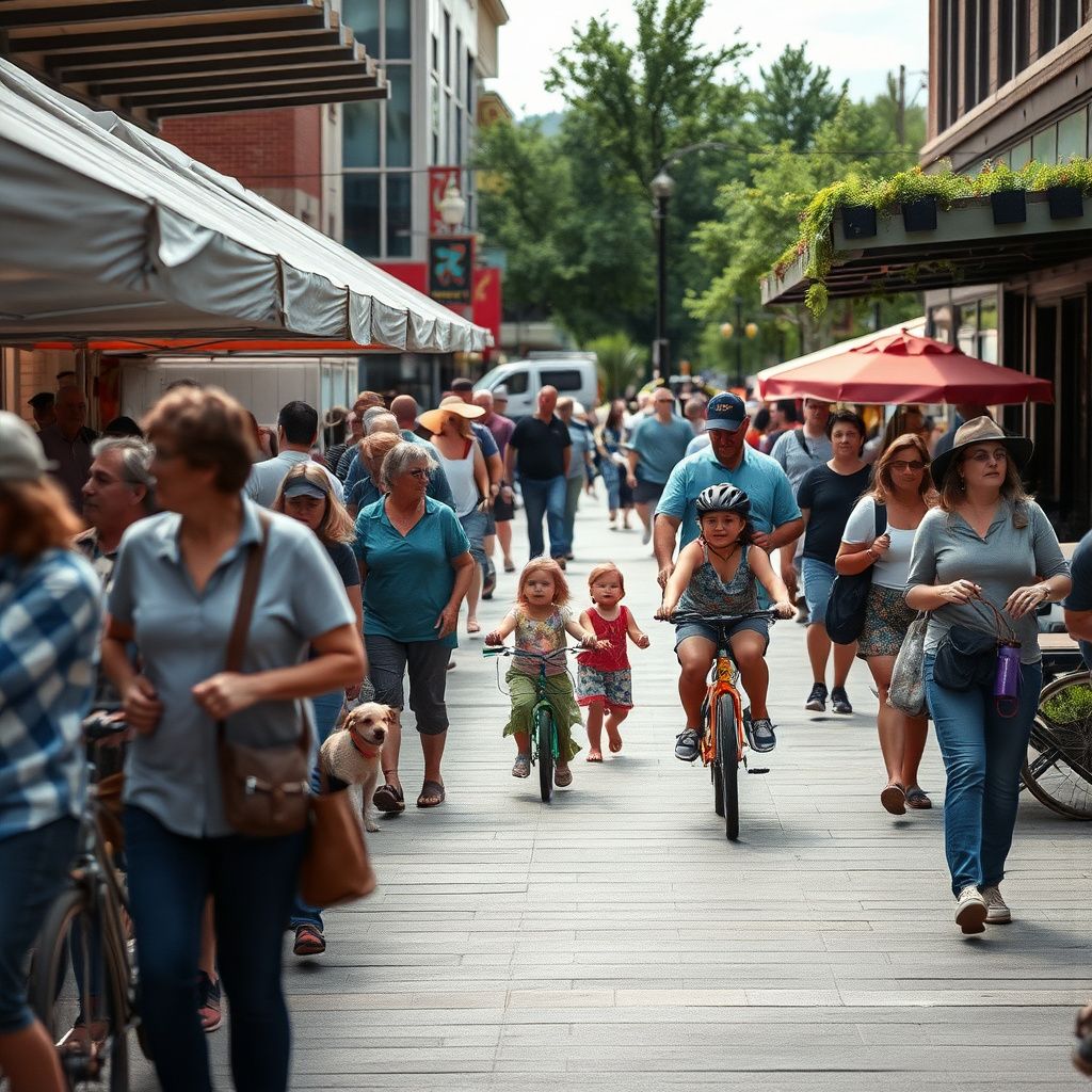 A vibrant street scene in Aurora, Colorado, showcasing diverse architecture and local businesses under a clear Colorado sky, reflecting the city's community spirit.