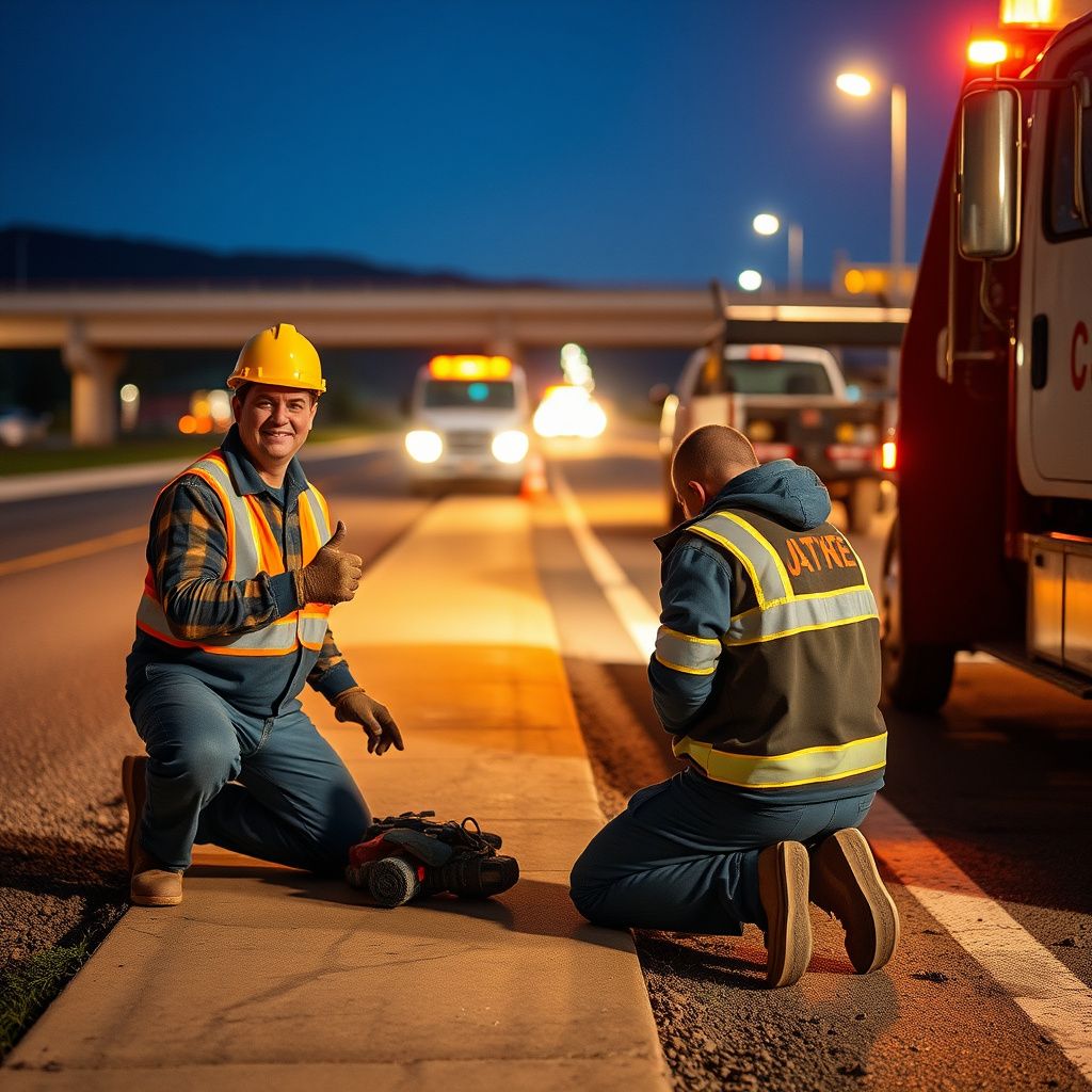 A Snappy Towing truck driver assisting a motorist with a tire change on the side of a road in Golden, Colorado.