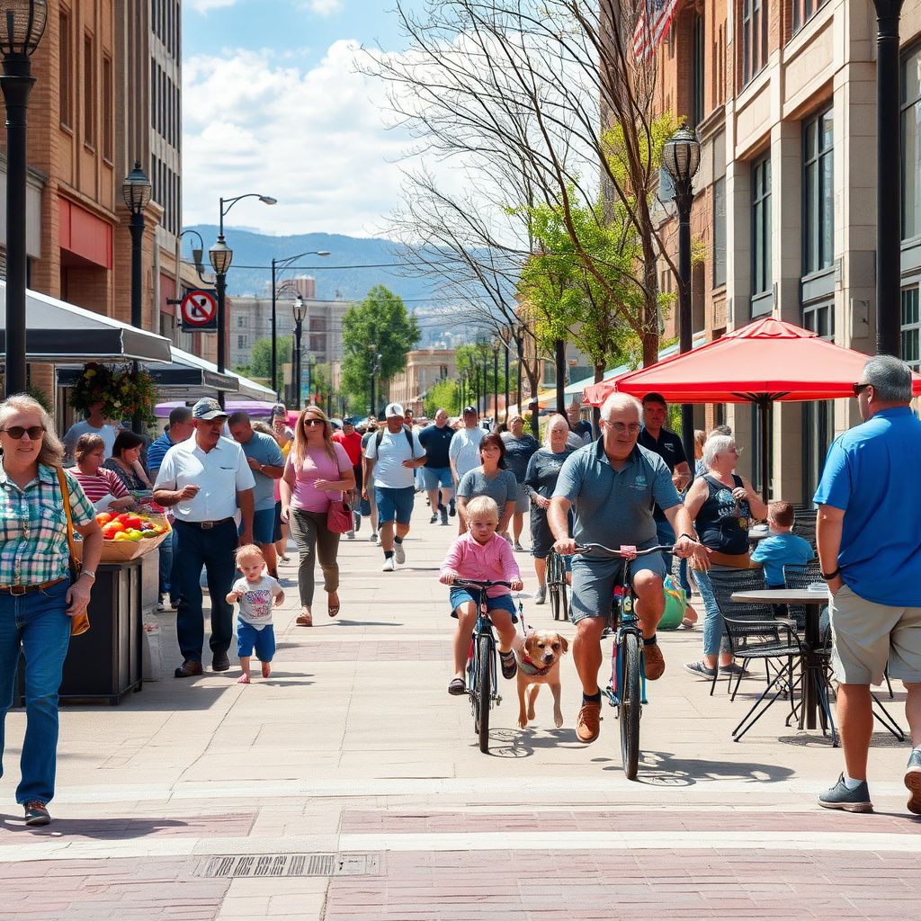 Historic Main Street in Downtown Littleton, Colorado, with brick buildings and people walking, under a clear blue sky.