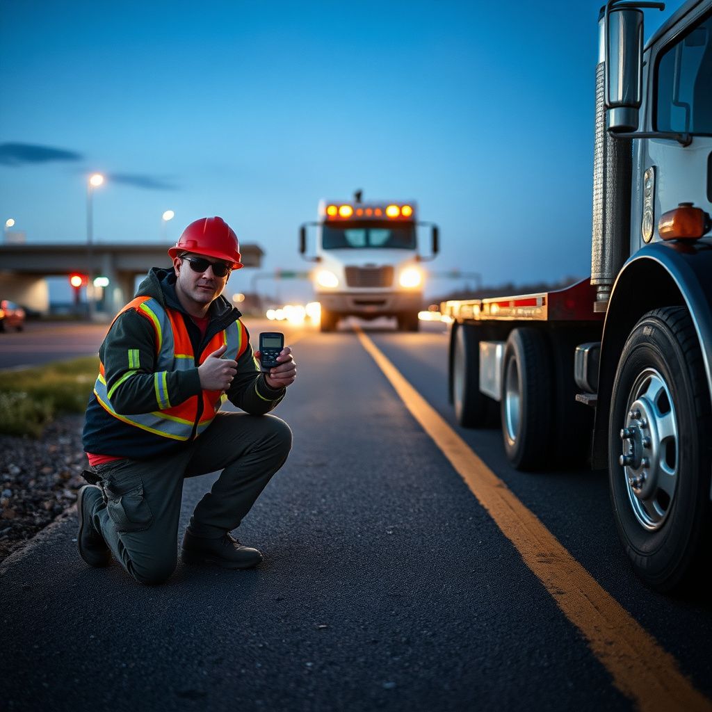 Professional tow truck driver securing a vehicle onto a flatbed truck on a suburban street in Commerce City, Colorado, during daylight.